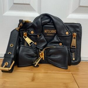 Moschino Black Leather Biker Bag/Clutch with Gold Accents